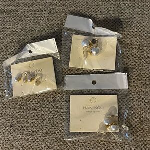 3 Piece Set - Han Kou Brand Clip-On / Clamp Faux Pearl Earrings in Various Sizes